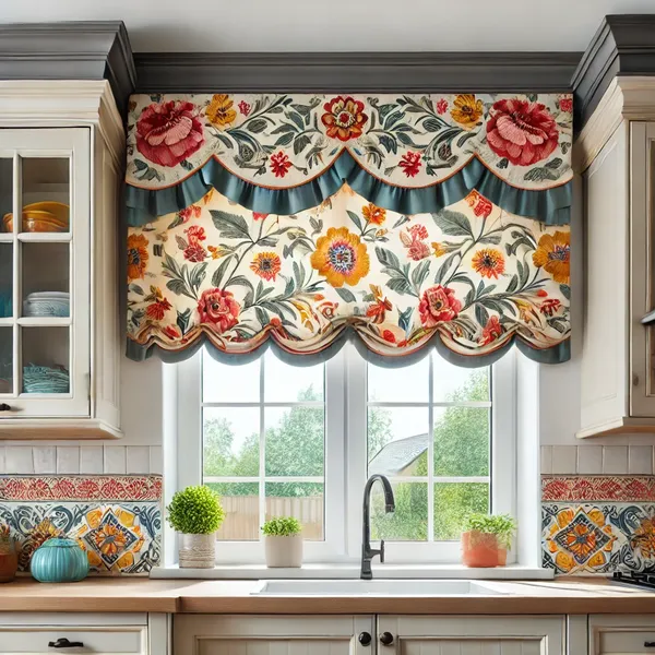 Kitchen Window Treatment Ideas with a window featuring a decorative valance and a wooden cornice