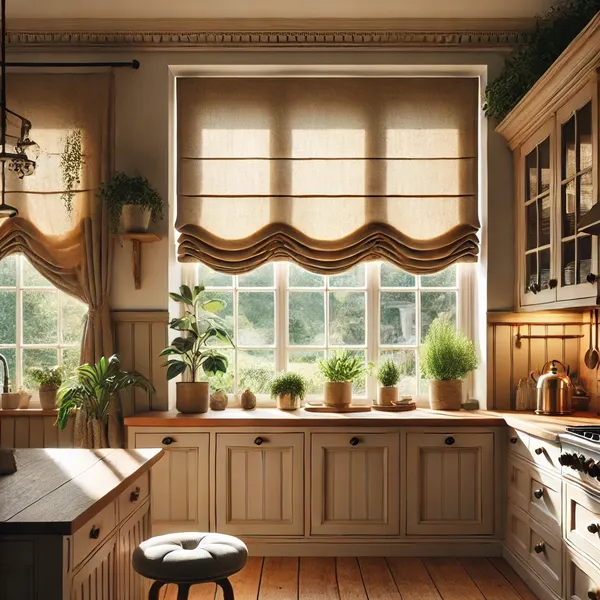 Kitchen Window Treatment Ideas with a window featuring elegant Roman shades