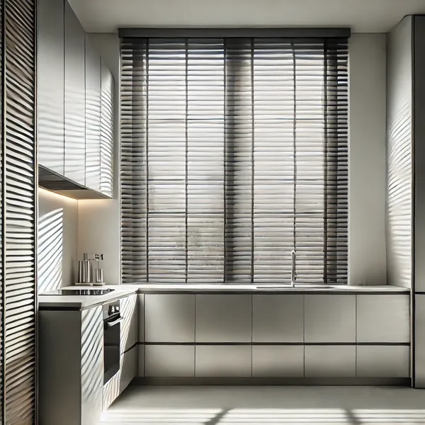 Kitchen Window Treatment Ideas with a window featuring sleek Venetian blinds