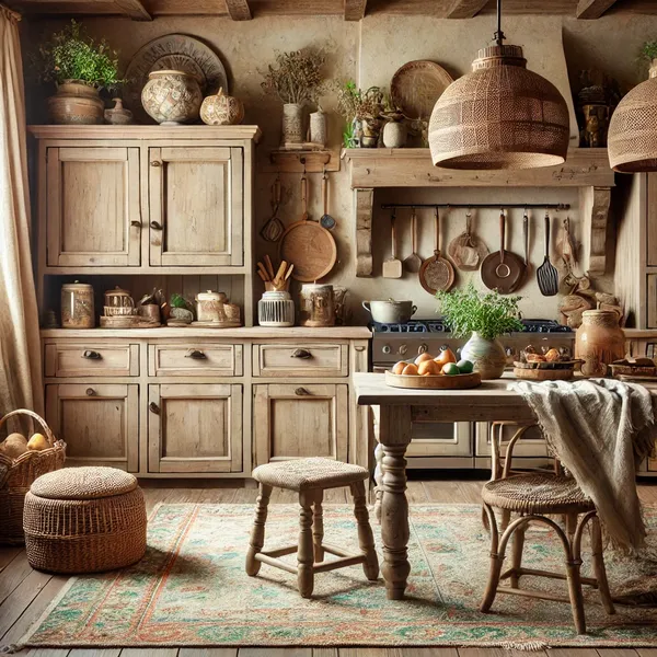 Rustic kitchen design ideas featuring earthy colors like warm browns, soft greens, and beige tones