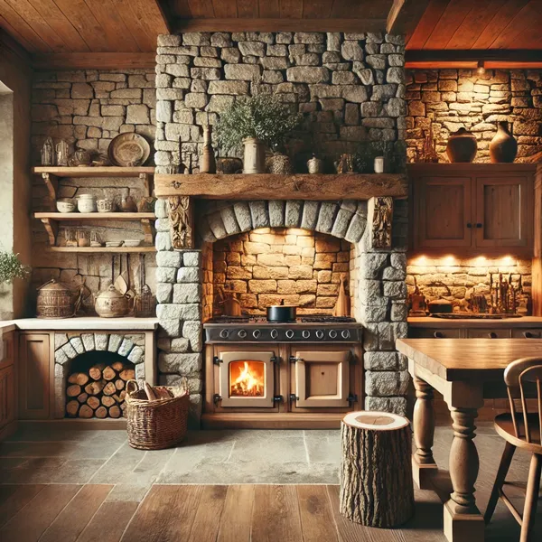 Rustic kitchen design ideas with a natural stone backsplash and stone accents around a cozy fireplace