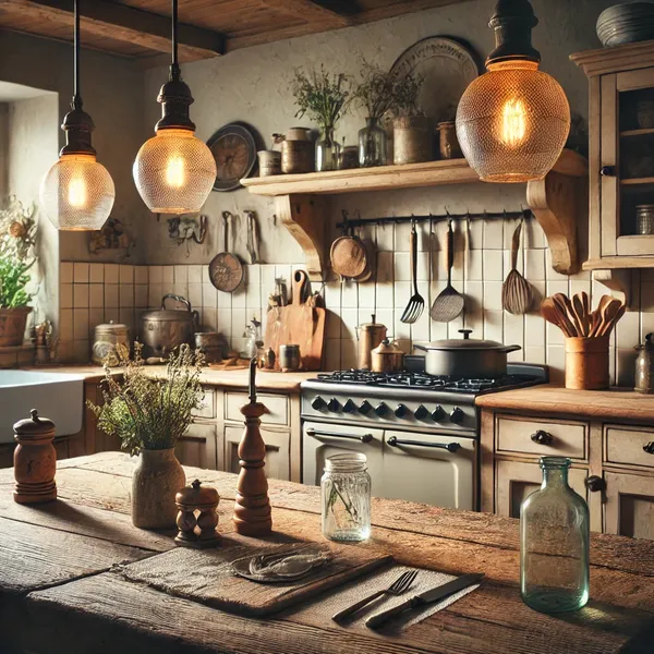 Rustic kitchen design ideas with vintage finds such as an antique farmhouse table, vintage pendant lights, and decorative old kitchen tools