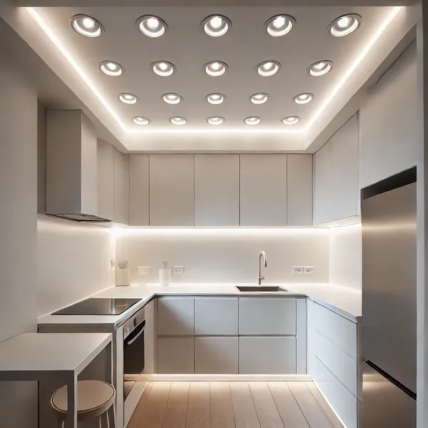 Small Kitchen Lighting Ideas A modern small kitchen with recessed lighting in the ceiling