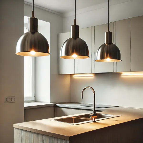 Small Kitchen Lighting Ideas A small kitchen with pendant lights hanging over a narrow kitchen island