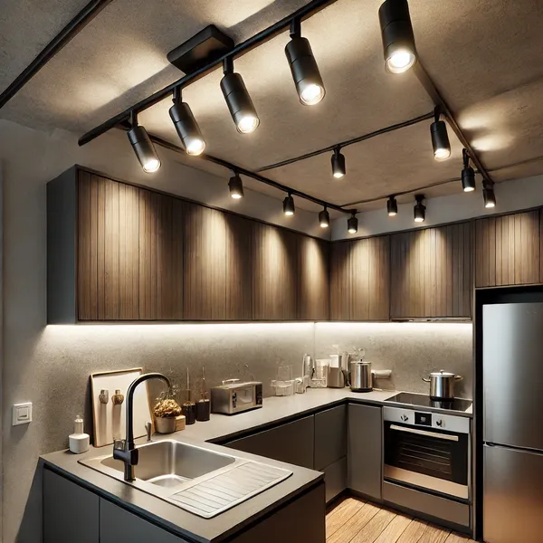 Small Kitchen Lighting Ideas A small kitchen with track lighting installed on the ceiling