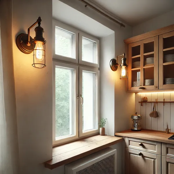 Small Kitchen Lighting Ideas A small kitchen with wall sconces mounted on either side of a window