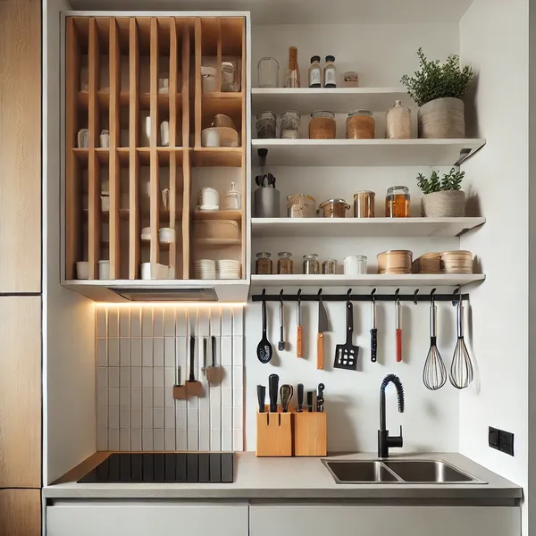 Small Kitchen Renovation Ideas that maximizes vertical space with open shelves and hooks for utensils