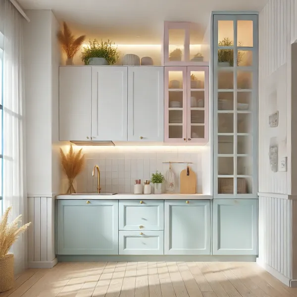 Small Kitchen Renovation Ideas with light colors, featuring white walls and pastel cabinets