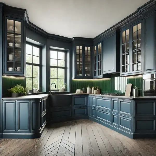 A U shaped kitchen design ideas with navy blue cabinets, dark green accents, and modern appliances