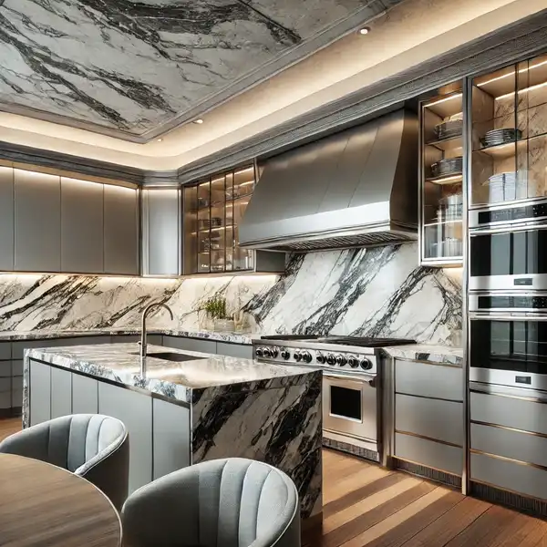 A best gourmet kitchen designs showcasing luxurious materials such as marble countertops and custom backsplash