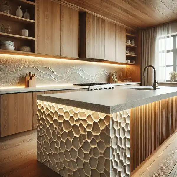 A kitchen with textured quartz countertops