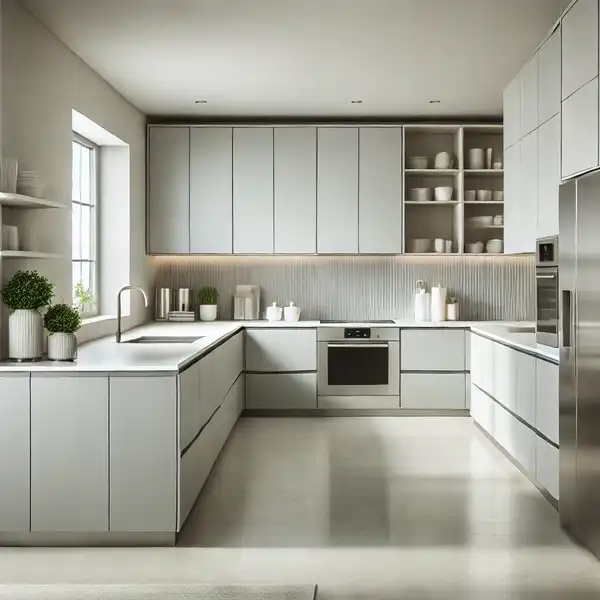 A modern open concept kitchen designs featuring clean lines, smooth flat panel cabinets in neutral colors