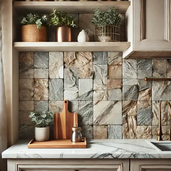 A small kitchen backsplash ideas featuring natural stone tiles