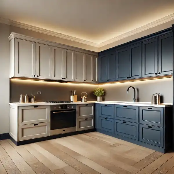 A stylish L shaped kitchen ideas with two tone cabinets