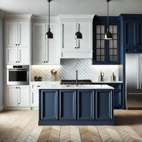 A stylish kitchen featuring two tone kitchen cabinets. The upper cabinets are a crisp white, and the lower cabinets are a deep navy blue