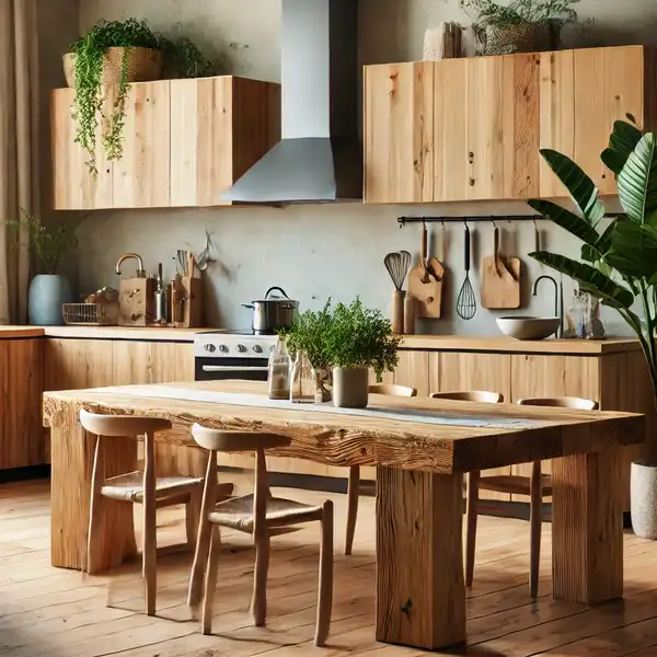 Eco Friendly Kitchen Design Ideas A modern kitchen with locally sourced eco friendly materials, including bamboo cabinets and a reclaimed wood dining table