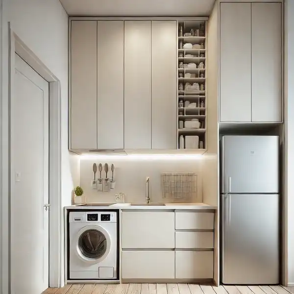 Kitchen Layouts for Small Spaces A small kitchen featuring slim, space saving appliances