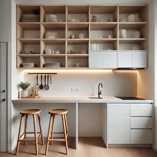 Kitchen seating ideas for small spaces A small kitchen with floating shelves used as seating