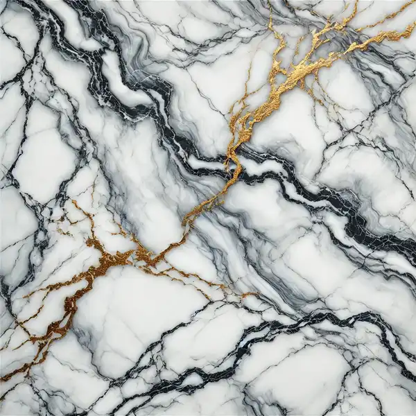 Marble kitchen countertops pros and cons A close up view of Calacatta marble with a bright white background and thick dramatic veins of gray and gold