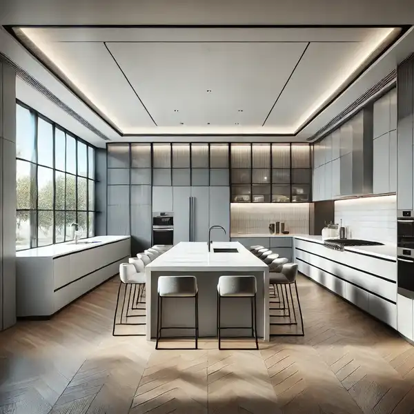 Modern Kitchen Ideas - A spacious modern U-shaped kitchen with sleek cabinetry and countertops along three walls