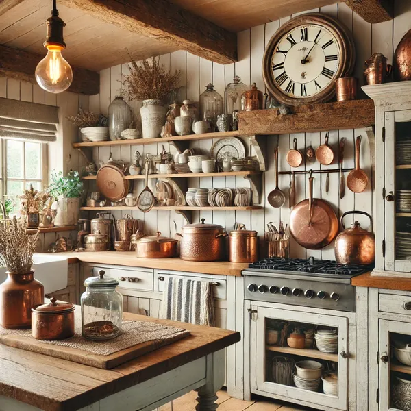 A cozy country kitchen decor ideas with natural materials like wood and stone