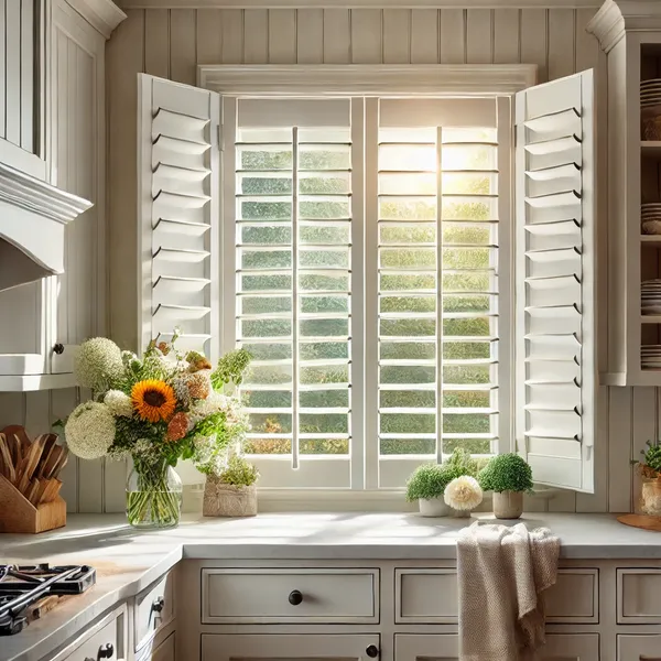 Kitchen Window Treatment Ideas with a window featuring classic white plantation shutters