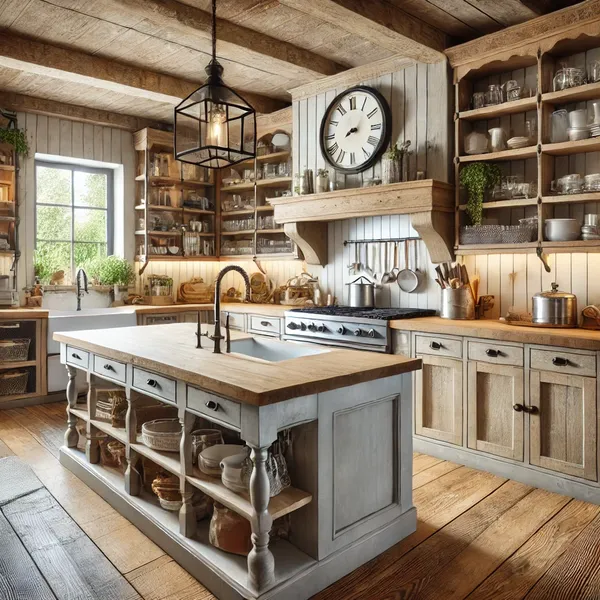 Rustic kitchen design ideas focusing on functionality, featuring open shelving, a large central island, and a farmhouse style apron sink