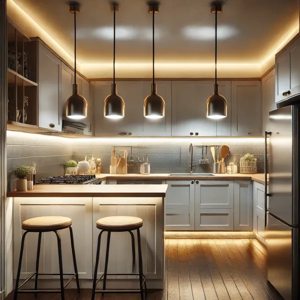 Small Kitchen Renovation Ideas featuring upgraded lighting, including under cabinet lights